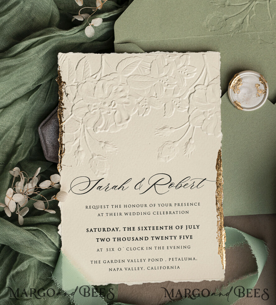 WEDDING INVITATIONS embossed invites Bespoke Embossed Blind Sage green Gold Wedding Invitation, Golden greenery deboss Roses Floral Wedding Invitation, Boho Ecru Garden Debossed Invitation suite, Cotton paper wedding invitation suite, Deckled Edge Invites, Torn Edge Wedding Invitations golden