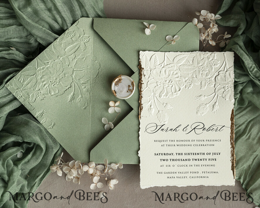WEDDING INVITATIONS embossed invites Bespoke Embossed Blind Sage green Gold Wedding Invitation, Golden greenery deboss Roses Floral Wedding Invitation, Boho Ecru Garden Debossed Invitation suite, Cotton paper wedding invitation suite, Deckled Edge Invites, Torn Edge Wedding Invitations golden