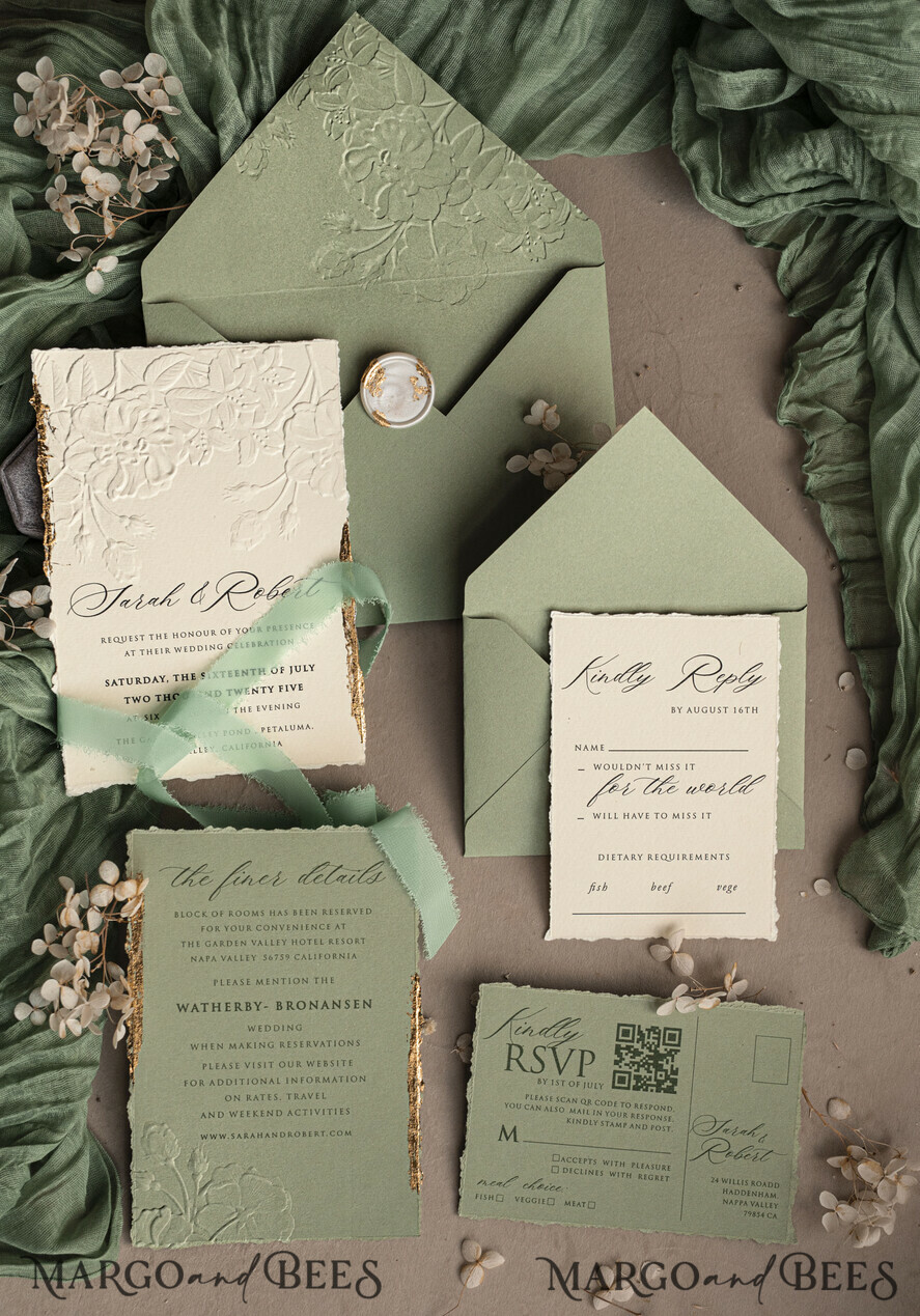 WEDDING INVITATIONS embossed invites Bespoke Embossed Blind Sage green Gold Wedding Invitation, Golden greenery deboss Roses Floral Wedding Invitation, Boho Ecru Garden Debossed Invitation suite, Cotton paper wedding invitation suite, Deckled Edge Invites, Torn Edge Wedding Invitations golden