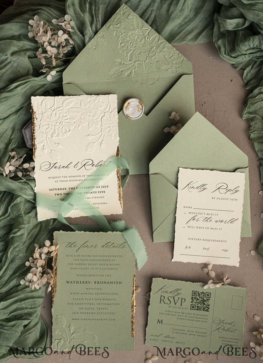 WEDDING INVITATIONS embossed invites Bespoke Embossed Blind Sage green Gold Wedding Invitation, Golden greenery deboss Roses Floral Wedding Invitation, Boho Ecru Garden Debossed Invitation suite, Cotton paper wedding invitation suite, Deckled Edge Invites, Torn Edge Wedding Invitations golden