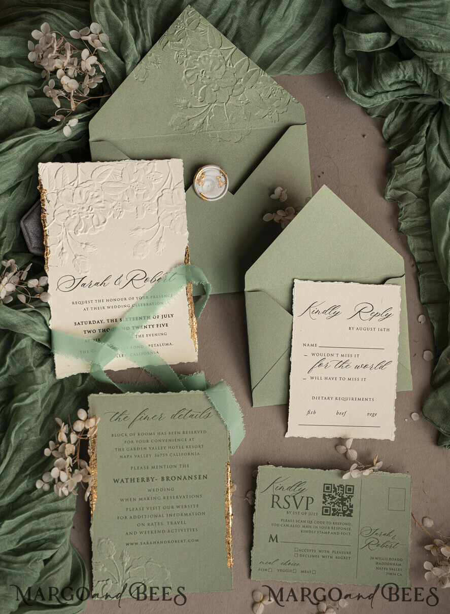 WEDDING INVITATIONS embossed invites Bespoke Embossed Blind Sage green Gold Wedding Invitation, Golden greenery deboss Roses Floral Wedding Invitation, Boho Ecru Garden Debossed Invitation suite, Cotton paper wedding invitation suite, Deckled Edge Invites, Torn Edge Wedding Invitations golden