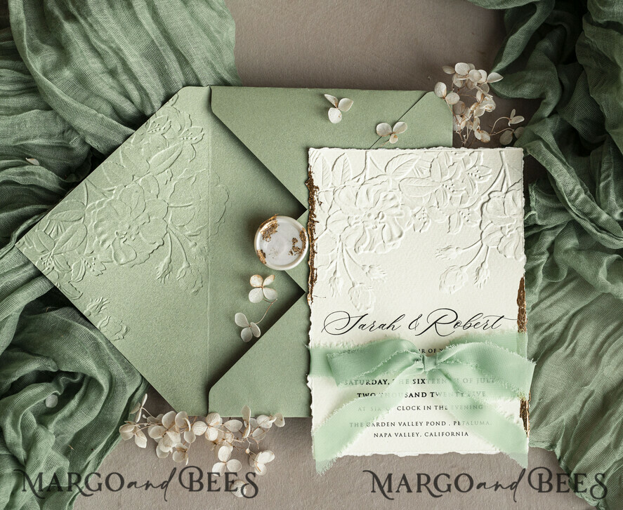 WEDDING INVITATIONS embossed invites Bespoke Embossed Blind Sage green Gold Wedding Invitation, Golden greenery deboss Roses Floral Wedding Invitation, Boho Ecru Garden Debossed Invitation suite, Cotton paper wedding invitation suite, Deckled Edge Invites, Torn Edge Wedding Invitations golden