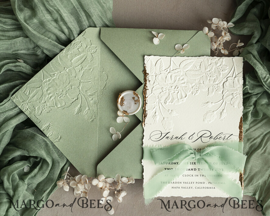 WEDDING INVITATIONS embossed invites Bespoke Embossed Blind Sage green Gold Wedding Invitation, Golden greenery deboss Roses Floral Wedding Invitation, Boho Ecru Garden Debossed Invitation suite, Cotton paper wedding invitation suite, Deckled Edge Invites, Torn Edge Wedding Invitations golden