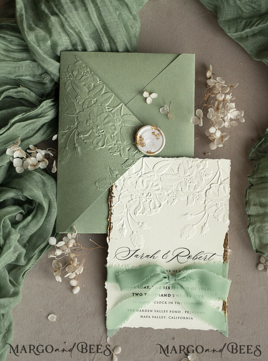 WEDDING INVITATIONS embossed invites Bespoke Embossed Blind Sage green Gold Wedding Invitation, Golden greenery deboss Roses Floral Wedding Invitation, Boho Ecru Garden Debossed Invitation suite, Cotton paper wedding invitation suite, Deckled Edge Invites, Torn Edge Wedding Invitations golden