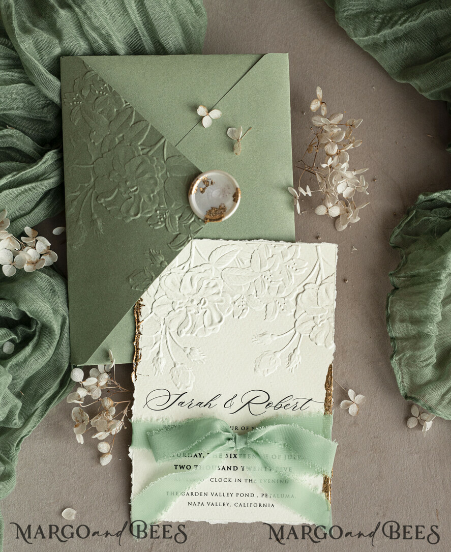 WEDDING INVITATIONS embossed invites Bespoke Embossed Blind Sage green Gold Wedding Invitation, Golden greenery deboss Roses Floral Wedding Invitation, Boho Ecru Garden Debossed Invitation suite, Cotton paper wedding invitation suite, Deckled Edge Invites, Torn Edge Wedding Invitations golden