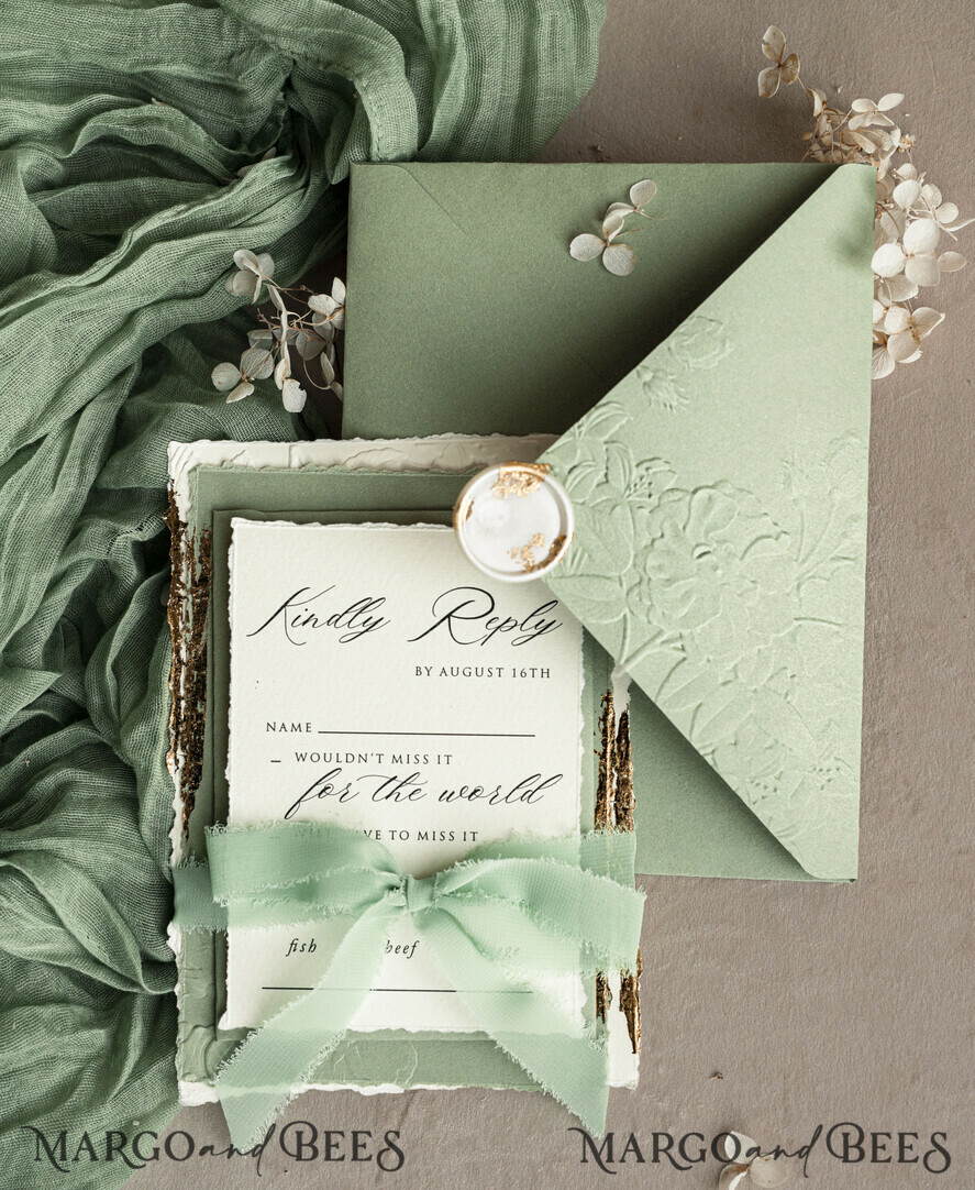 WEDDING INVITATIONS embossed invites Bespoke Embossed Blind Sage green Gold Wedding Invitation, Golden greenery deboss Roses Floral Wedding Invitation, Boho Ecru Garden Debossed Invitation suite, Cotton paper wedding invitation suite, Deckled Edge Invites, Torn Edge Wedding Invitations golden