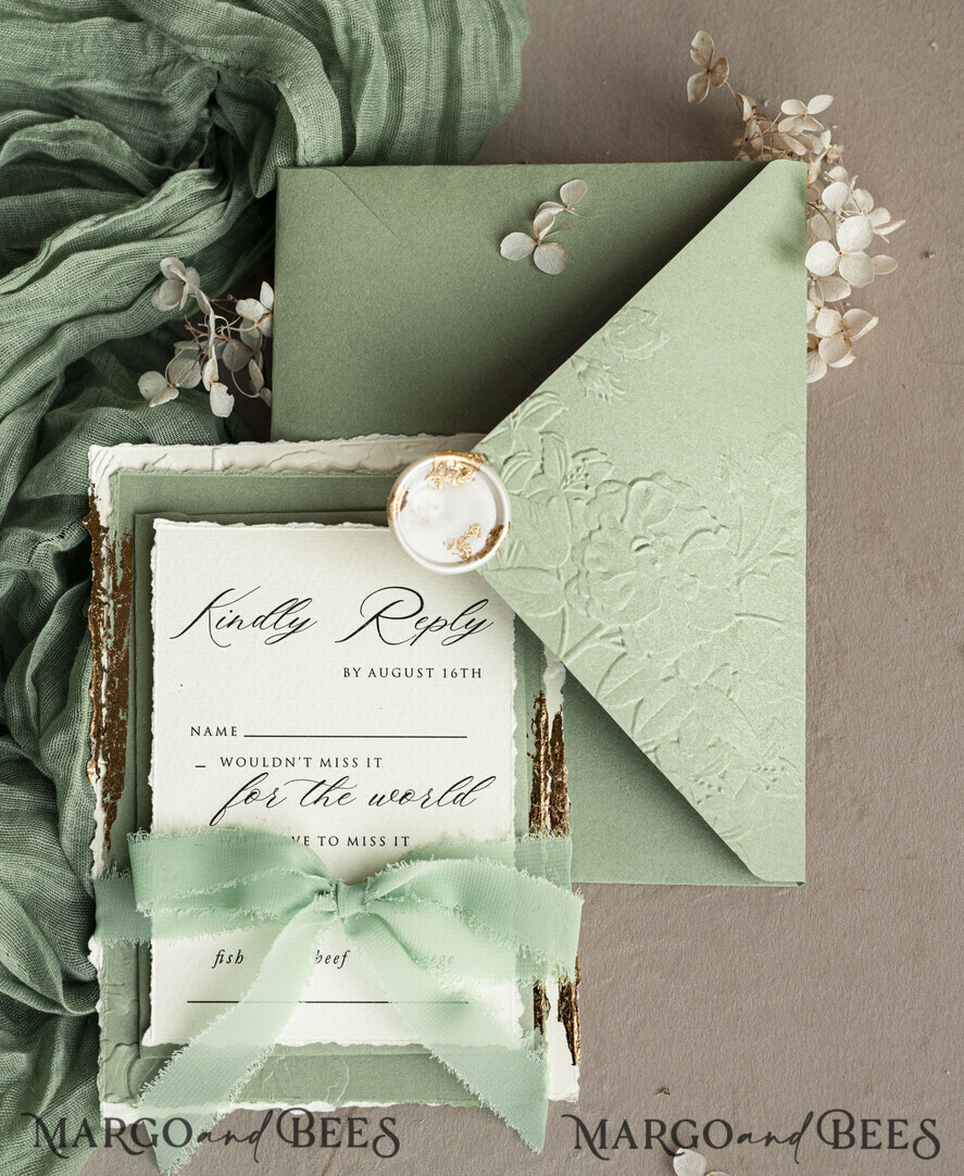 WEDDING INVITATIONS embossed invites Bespoke Embossed Blind Sage green Gold Wedding Invitation, Golden greenery deboss Roses Floral Wedding Invitation, Boho Ecru Garden Debossed Invitation suite, Cotton paper wedding invitation suite, Deckled Edge Invites, Torn Edge Wedding Invitations golden