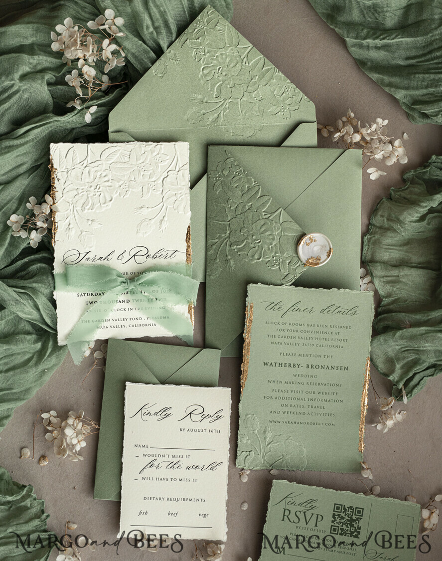 WEDDING INVITATIONS embossed invites Bespoke Embossed Blind Sage green Gold Wedding Invitation, Golden greenery deboss Roses Floral Wedding Invitation, Boho Ecru Garden Debossed Invitation suite, Cotton paper wedding invitation suite, Deckled Edge Invites, Torn Edge Wedding Invitations golden