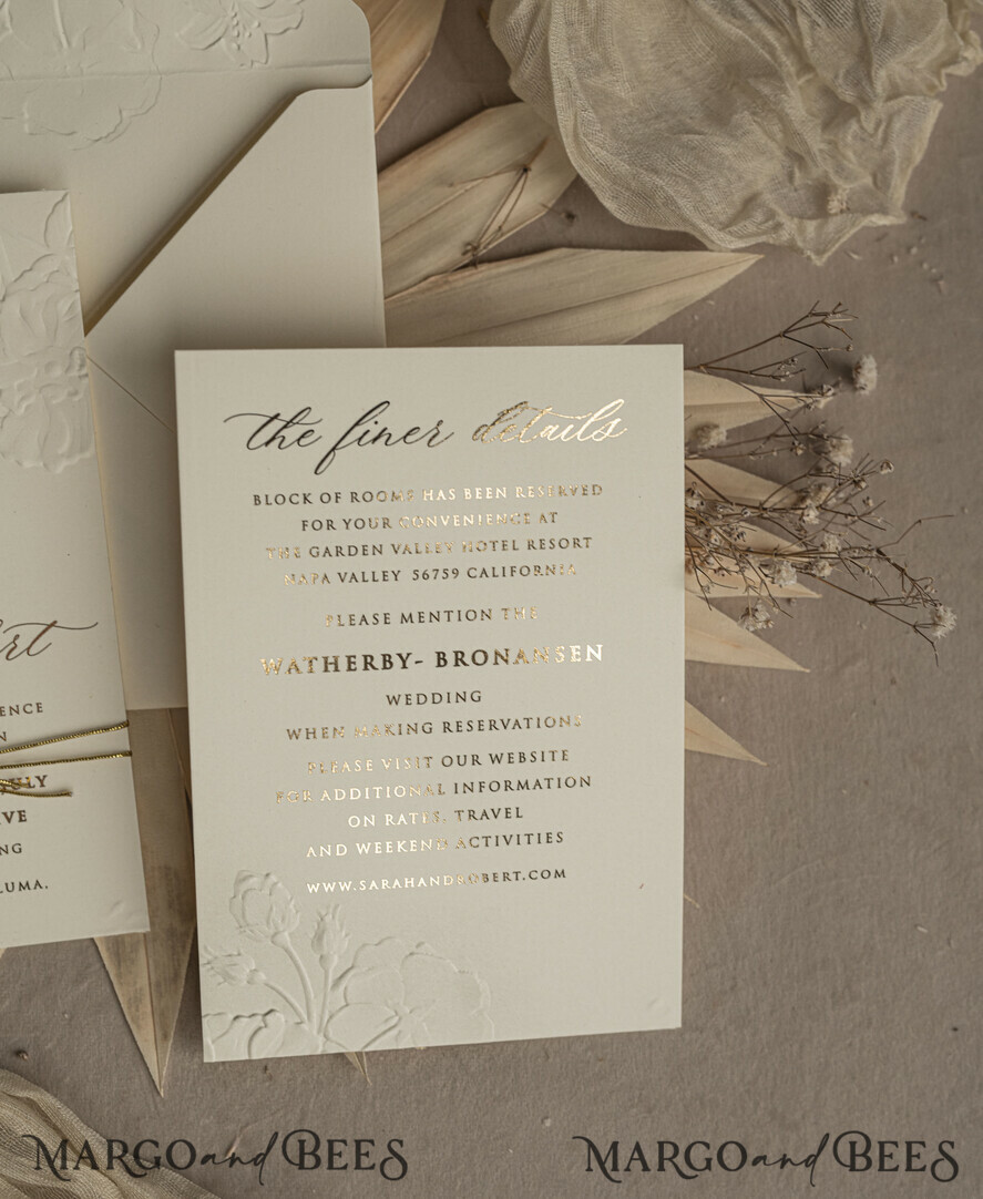 WEDDING INVITATIONS embossed invites Fine Art Embossed Blind Ivory Gold Wedding Invitation, Golden deboss Roses Floral Wedding Invitation, Boho Ecru Debossed Invitation suite, Gold Foil wedding invitation suite, Wedding Invitations golden