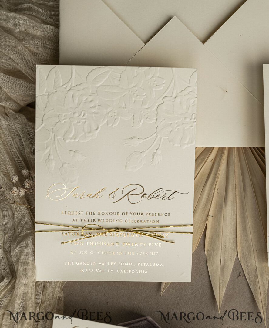 WEDDING INVITATIONS embossed invites Fine Art Embossed Blind Ivory Gold Wedding Invitation, Golden deboss Roses Floral Wedding Invitation, Boho Ecru Debossed Invitation suite, Gold Foil wedding invitation suite, Wedding Invitations golden