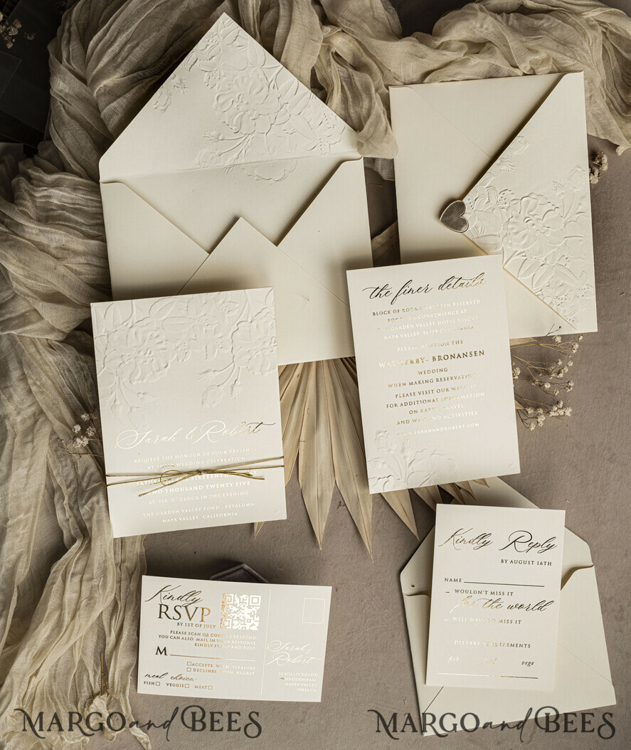 WEDDING INVITATIONS embossed invites Fine Art Embossed Blind Ivory Gold Wedding Invitation, Golden deboss Roses Floral Wedding Invitation, Boho Ecru Debossed Invitation suite, Gold Foil wedding invitation suite, Wedding Invitations golden