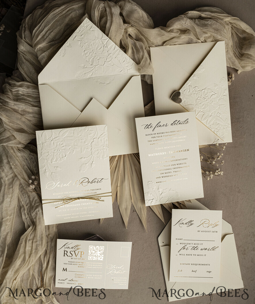 WEDDING INVITATIONS embossed invites Fine Art Embossed Blind Ivory Gold Wedding Invitation, Golden deboss Roses Floral Wedding Invitation, Boho Ecru Debossed Invitation suite, Gold Foil wedding invitation suite, Wedding Invitations golden