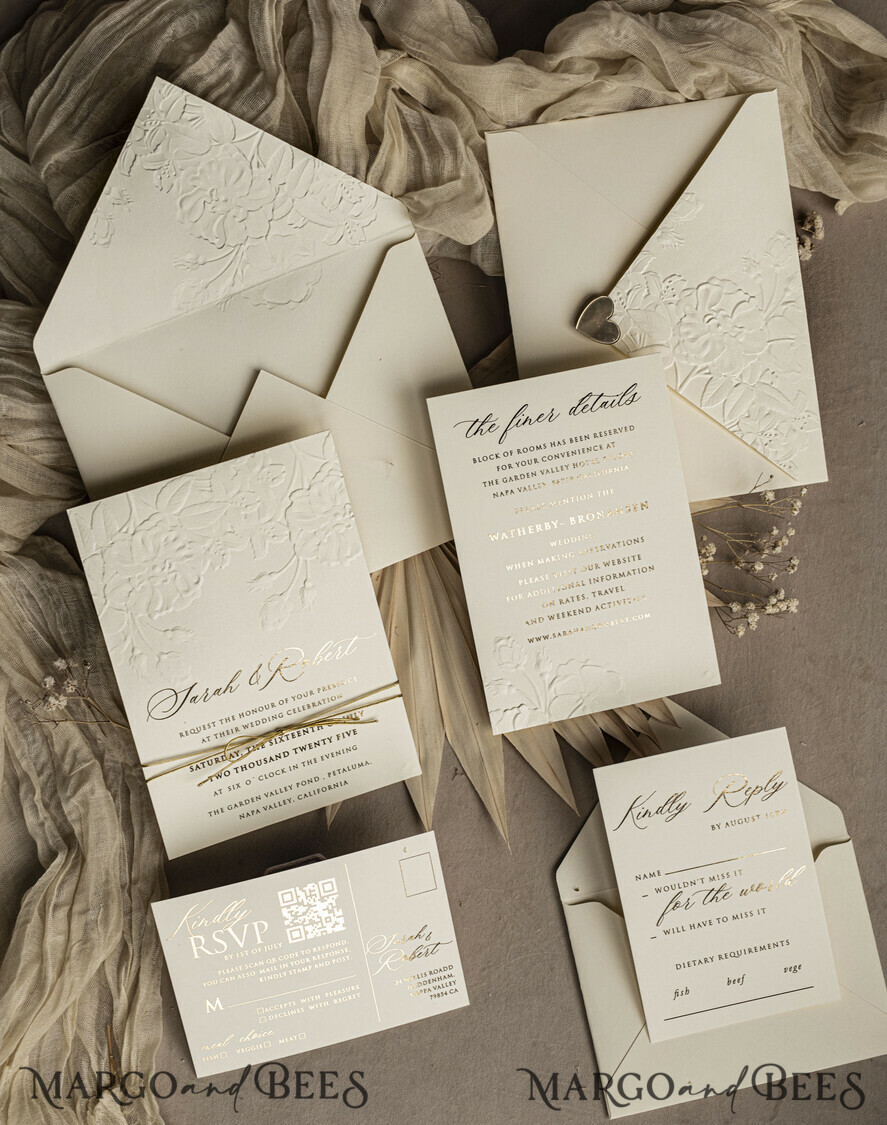 WEDDING INVITATIONS embossed invites Fine Art Embossed Blind Ivory Gold Wedding Invitation, Golden deboss Roses Floral Wedding Invitation, Boho Ecru Debossed Invitation suite, Gold Foil wedding invitation suite, Wedding Invitations golden