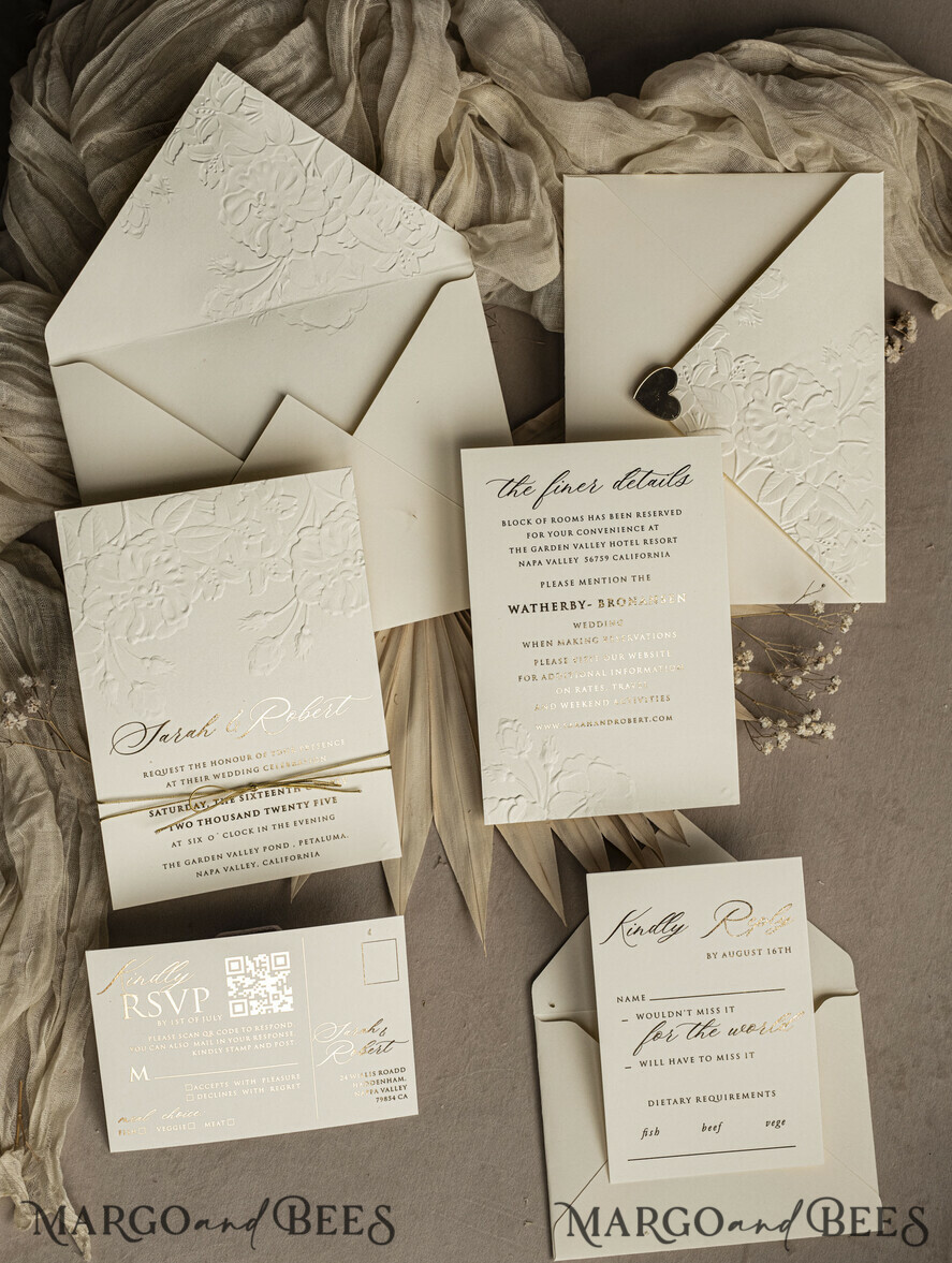 WEDDING INVITATIONS embossed invites Fine Art Embossed Blind Ivory Gold Wedding Invitation, Golden deboss Roses Floral Wedding Invitation, Boho Ecru Debossed Invitation suite, Gold Foil wedding invitation suite, Wedding Invitations golden
