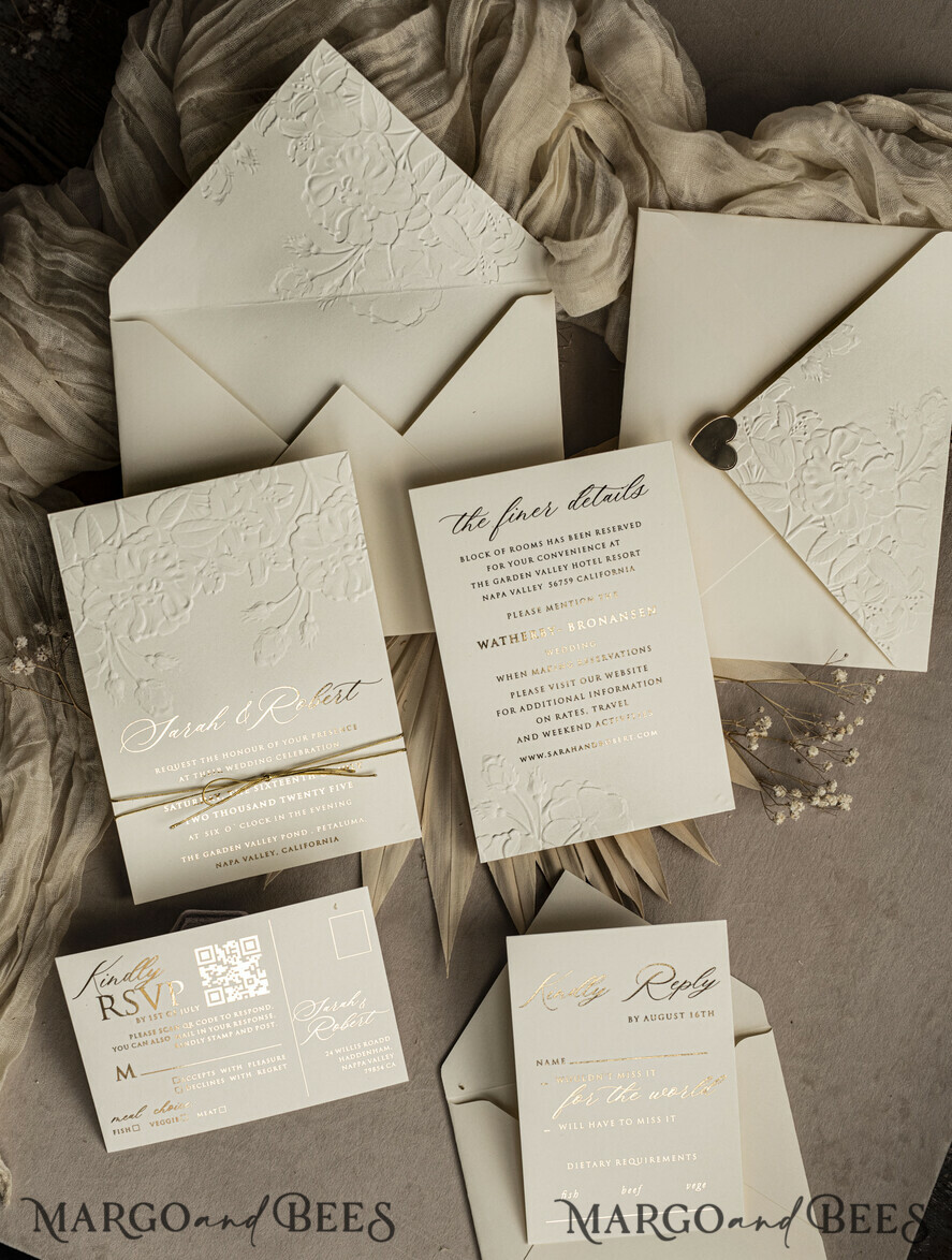 WEDDING INVITATIONS embossed invites Fine Art Embossed Blind Ivory Gold Wedding Invitation, Golden deboss Roses Floral Wedding Invitation, Boho Ecru Debossed Invitation suite, Gold Foil wedding invitation suite, Wedding Invitations golden