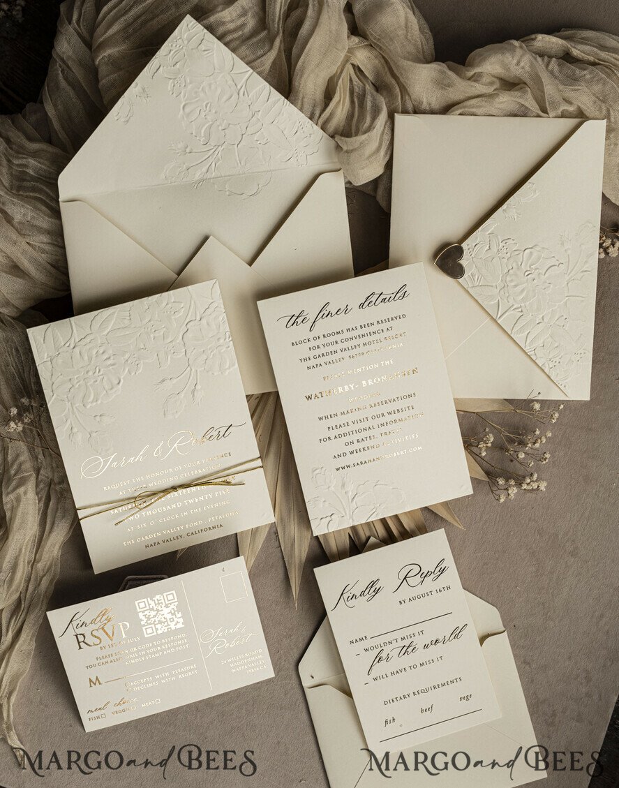 WEDDING INVITATIONS embossed invites Fine Art Embossed Blind Ivory Gold Wedding Invitation, Golden deboss Roses Floral Wedding Invitation, Boho Ecru Debossed Invitation suite, Gold Foil wedding invitation suite, Wedding Invitations golden