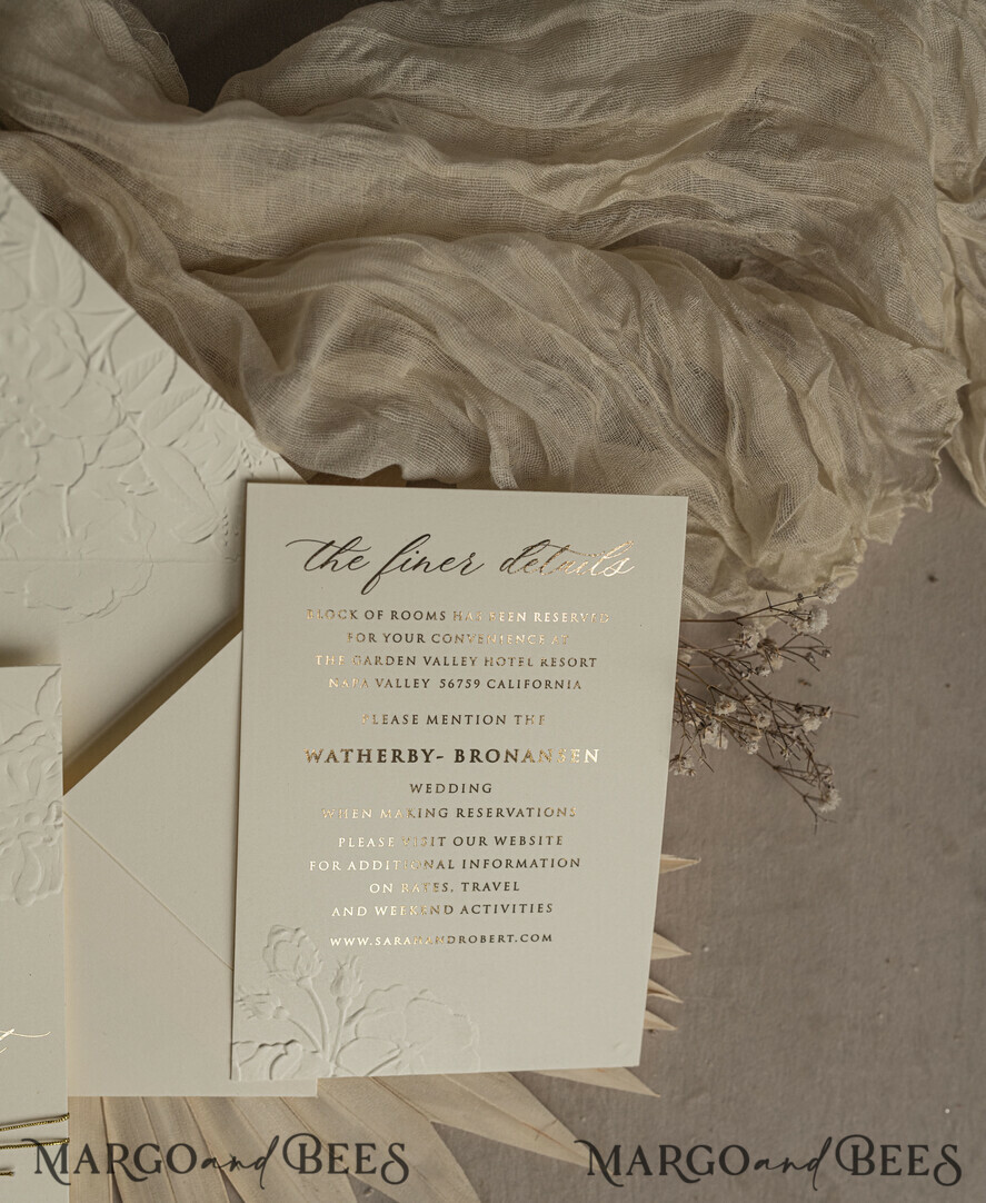 WEDDING INVITATIONS embossed invites Fine Art Embossed Blind Ivory Gold Wedding Invitation, Golden deboss Roses Floral Wedding Invitation, Boho Ecru Debossed Invitation suite, Gold Foil wedding invitation suite, Wedding Invitations golden