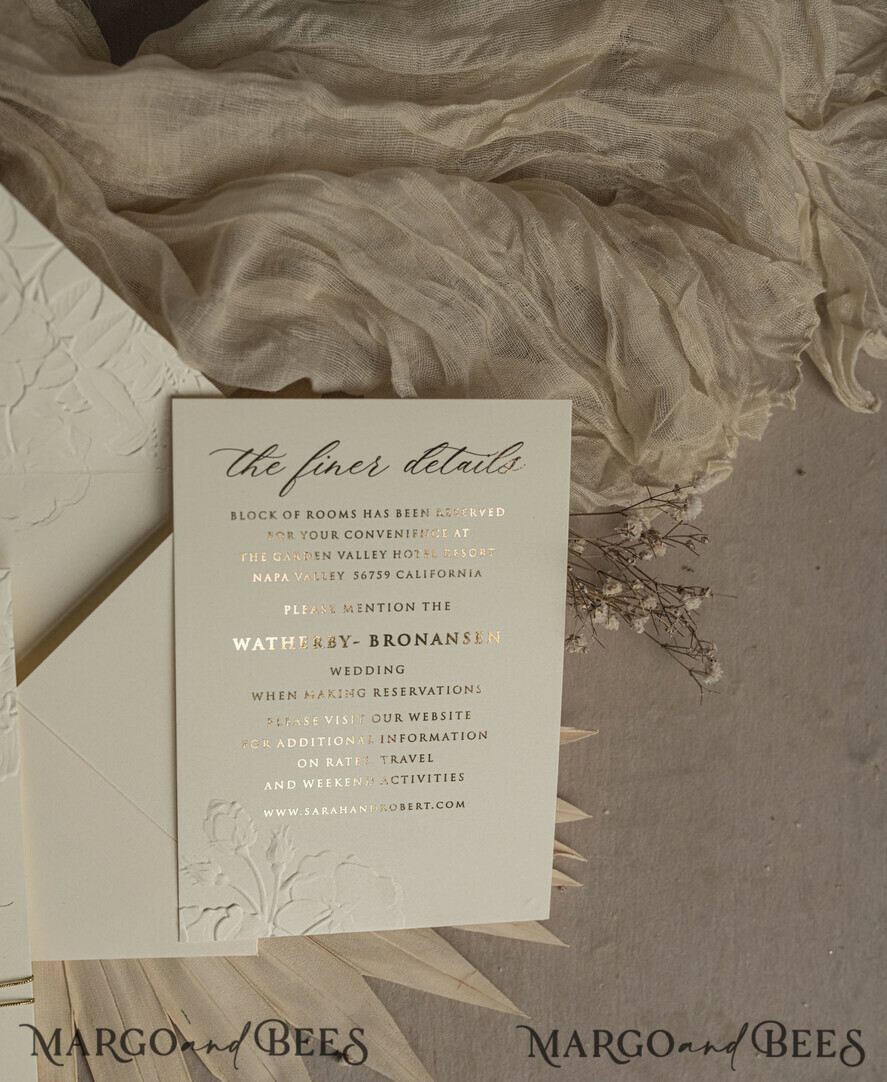 WEDDING INVITATIONS embossed invites Fine Art Embossed Blind Ivory Gold Wedding Invitation, Golden deboss Roses Floral Wedding Invitation, Boho Ecru Debossed Invitation suite, Gold Foil wedding invitation suite, Wedding Invitations golden