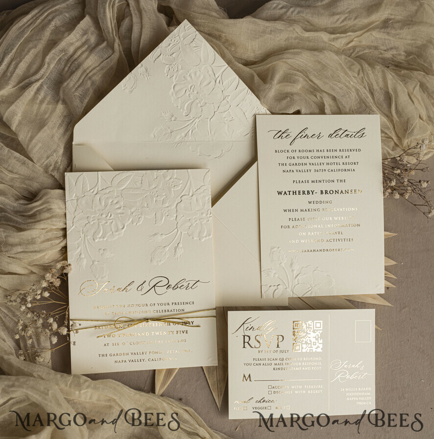 WEDDING INVITATIONS embossed invites Fine Art Embossed Blind Ivory Gold Wedding Invitation, Golden deboss Roses Floral Wedding Invitation, Boho Ecru Debossed Invitation suite, Gold Foil wedding invitation suite, Wedding Invitations golden