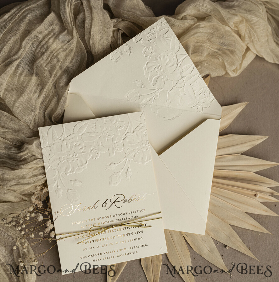 WEDDING INVITATIONS embossed invites Fine Art Embossed Blind Ivory Gold Wedding Invitation, Golden deboss Roses Floral Wedding Invitation, Boho Ecru Debossed Invitation suite, Gold Foil wedding invitation suite, Wedding Invitations golden