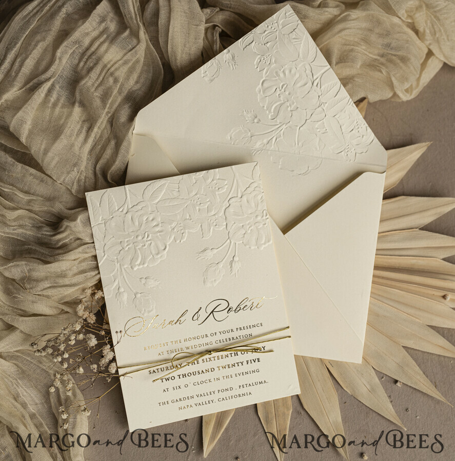 WEDDING INVITATIONS embossed invites Fine Art Embossed Blind Ivory Gold Wedding Invitation, Golden deboss Roses Floral Wedding Invitation, Boho Ecru Debossed Invitation suite, Gold Foil wedding invitation suite, Wedding Invitations golden