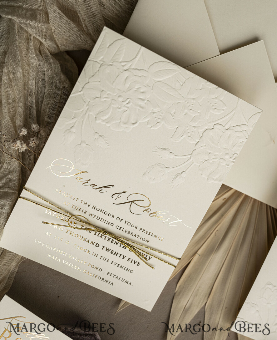 WEDDING INVITATIONS embossed invites Fine Art Embossed Blind Ivory Gold Wedding Invitation, Golden deboss Roses Floral Wedding Invitation, Boho Ecru Debossed Invitation suite, Gold Foil wedding invitation suite, Wedding Invitations golden