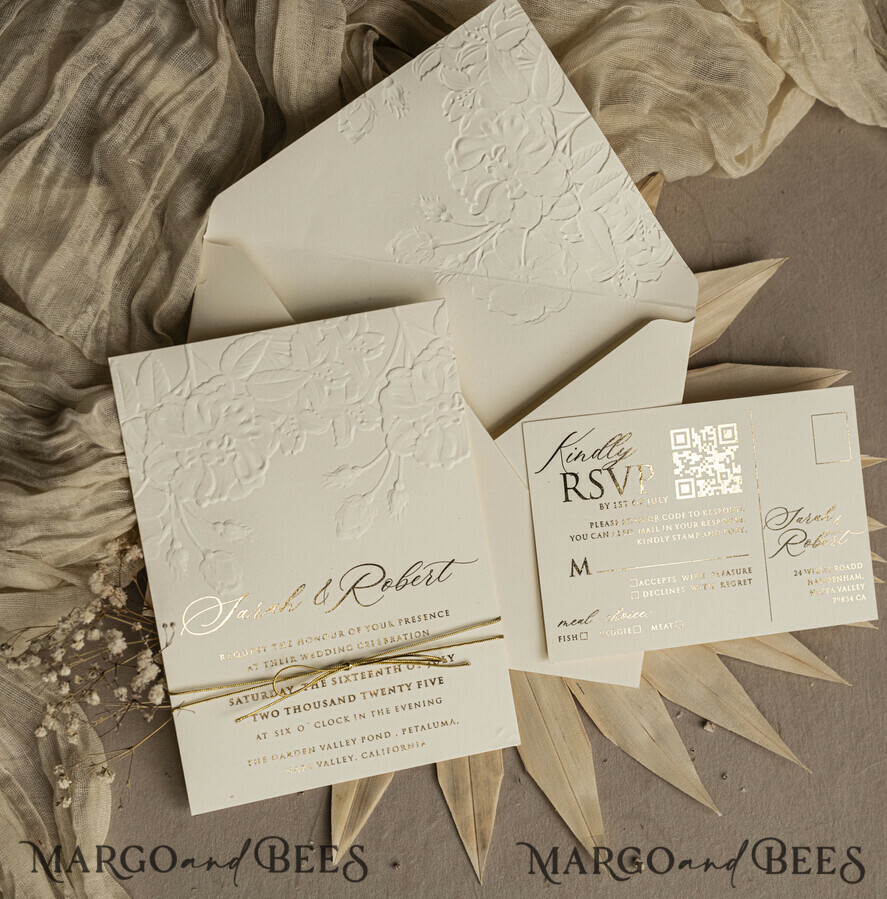 WEDDING INVITATIONS embossed invites Fine Art Embossed Blind Ivory Gold Wedding Invitation, Golden deboss Roses Floral Wedding Invitation, Boho Ecru Debossed Invitation suite, Gold Foil wedding invitation suite, Wedding Invitations golden