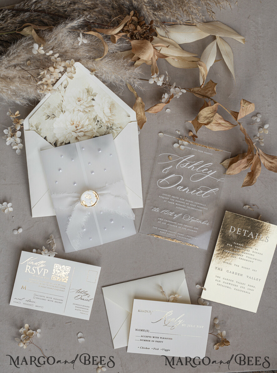WEDDING INVITATIONS plexi acrylic mirror Ivory Beaded Wrapping Wedding Invitations, Elegant Clear Acrylic Wedding Cards, Plexi Transparent Wedding Invites, Wedding Invitation Suite with Pearls