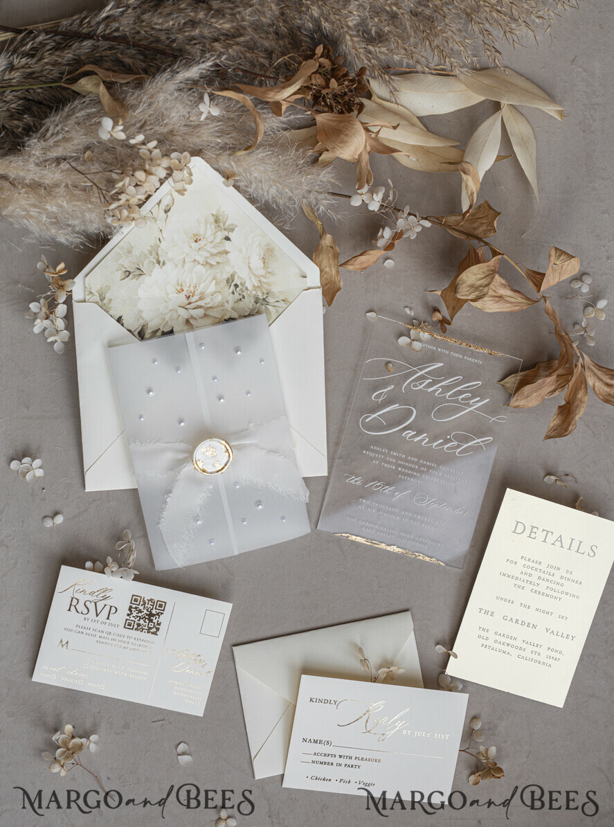 WEDDING INVITATIONS plexi acrylic mirror Ivory Beaded Wrapping Wedding Invitations, Elegant Clear Acrylic Wedding Cards, Plexi Transparent Wedding Invites, Wedding Invitation Suite with Pearls