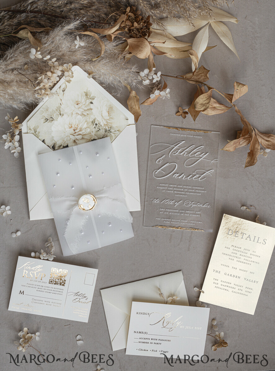 WEDDING INVITATIONS plexi acrylic mirror Ivory Beaded Wrapping Wedding Invitations, Elegant Clear Acrylic Wedding Cards, Plexi Transparent Wedding Invites, Wedding Invitation Suite with Pearls