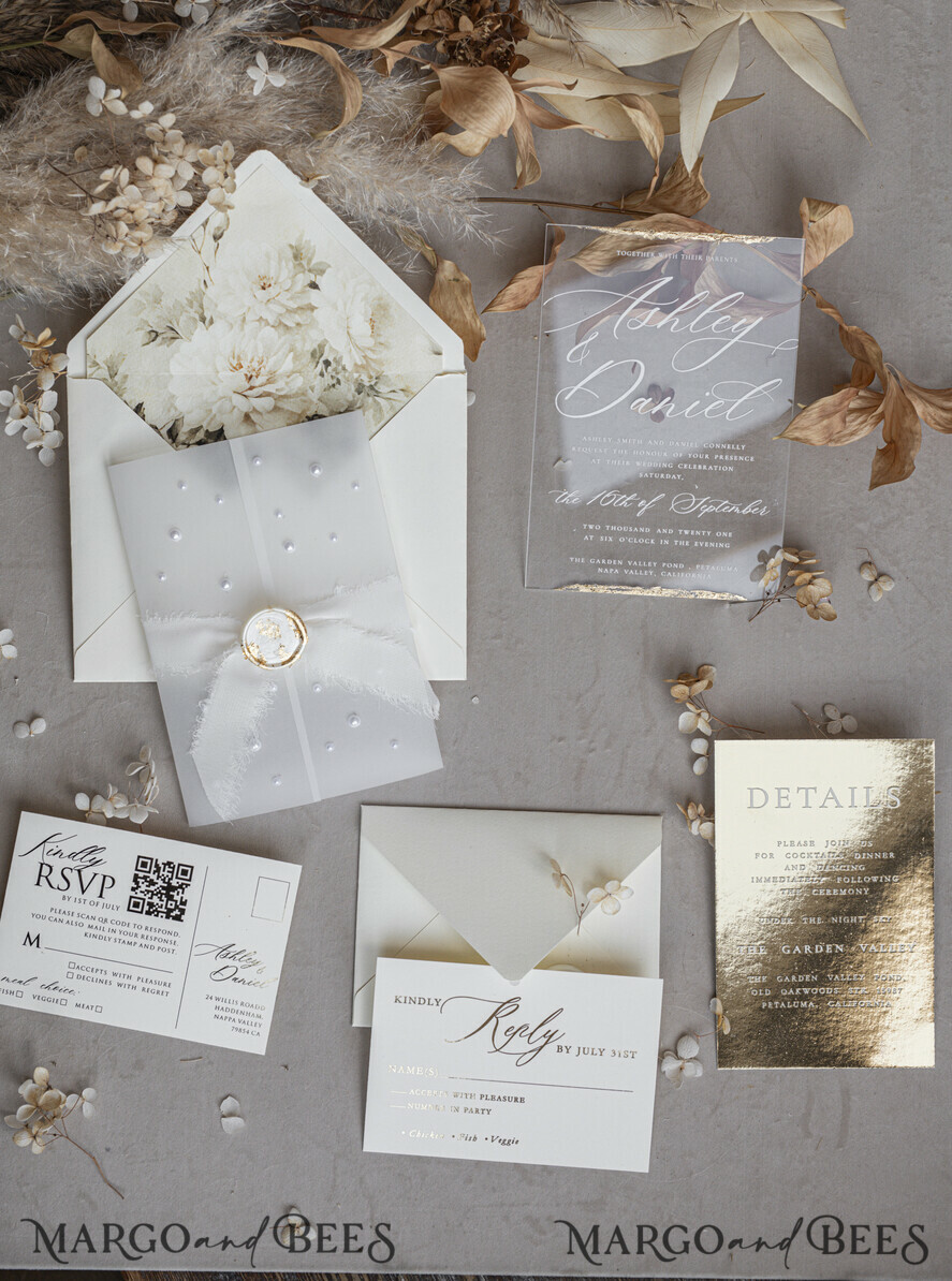 WEDDING INVITATIONS plexi acrylic mirror Ivory Beaded Wrapping Wedding Invitations, Elegant Clear Acrylic Wedding Cards, Plexi Transparent Wedding Invites, Wedding Invitation Suite with Pearls