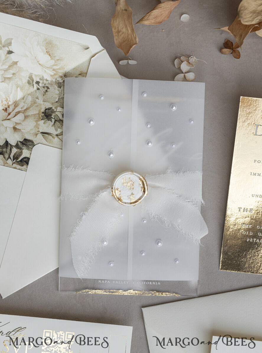 WEDDING INVITATIONS plexi acrylic mirror Ivory Beaded Wrapping Wedding Invitations, Elegant Clear Acrylic Wedding Cards, Plexi Transparent Wedding Invites, Wedding Invitation Suite with Pearls