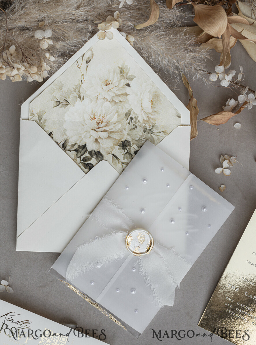 WEDDING INVITATIONS plexi acrylic mirror Ivory Beaded Wrapping Wedding Invitations, Elegant Clear Acrylic Wedding Cards, Plexi Transparent Wedding Invites, Wedding Invitation Suite with Pearls