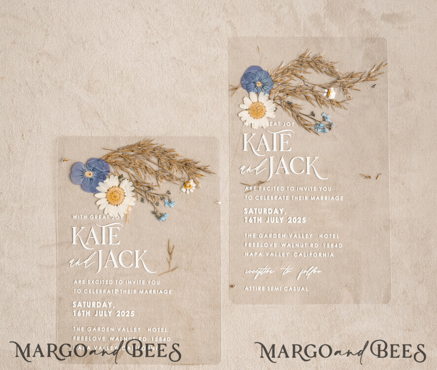 WEDDING INVITATIONS plexi acrylic mirror Dusty Blue Clear real flowers Wedding Invitations, Elegant Garden pampass gras Wedding Cards, Velvet transparent Wedding Invites, Wedding Invitation Suite