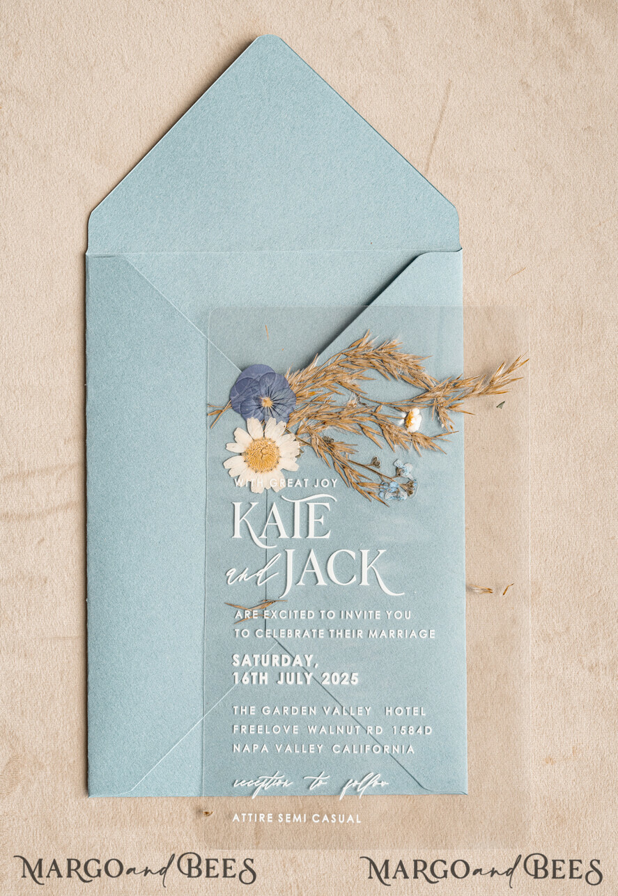 WEDDING INVITATIONS plexi acrylic mirror Dusty Blue Clear real flowers Wedding Invitations, Elegant Garden pampass gras Wedding Cards, Velvet transparent Wedding Invites, Wedding Invitation Suite
