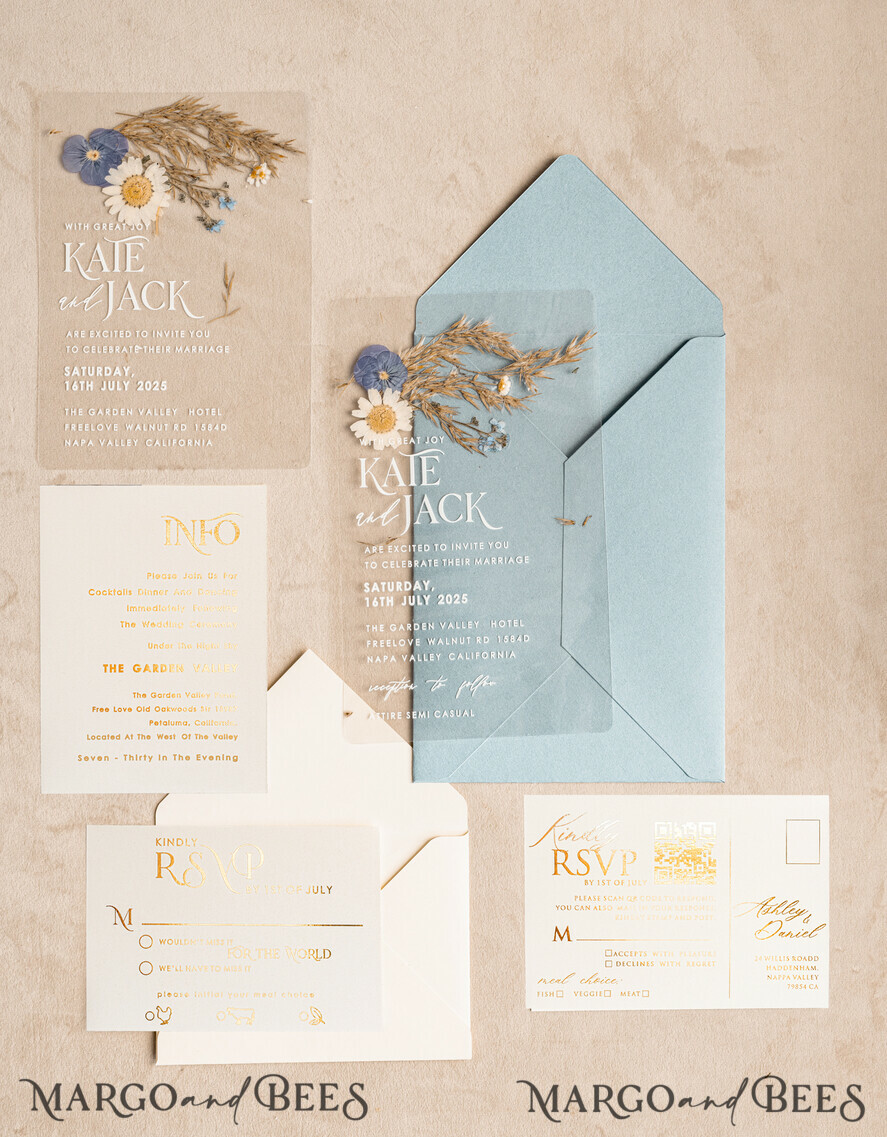 WEDDING INVITATIONS plexi acrylic mirror Dusty Blue Clear real flowers Wedding Invitations, Elegant Garden pampass gras Wedding Cards, Velvet transparent Wedding Invites, Wedding Invitation Suite