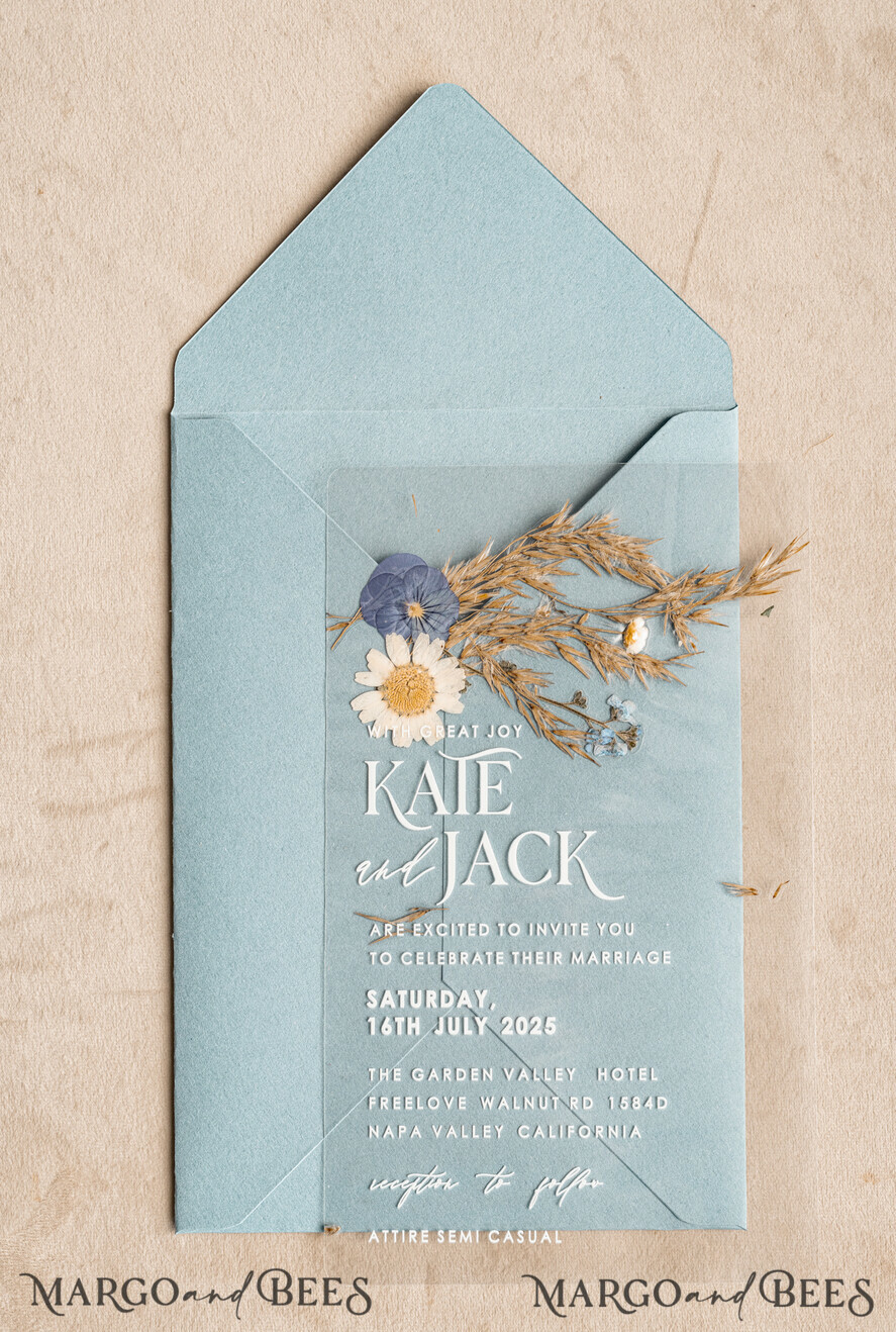 WEDDING INVITATIONS plexi acrylic mirror Dusty Blue Clear real flowers Wedding Invitations, Elegant Garden pampass gras Wedding Cards, Velvet transparent Wedding Invites, Wedding Invitation Suite
