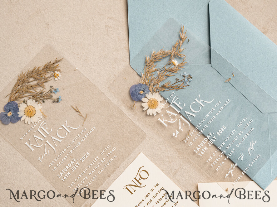 WEDDING INVITATIONS plexi acrylic mirror Dusty Blue Clear real flowers Wedding Invitations, Elegant Garden pampass gras Wedding Cards, Velvet transparent Wedding Invites, Wedding Invitation Suite