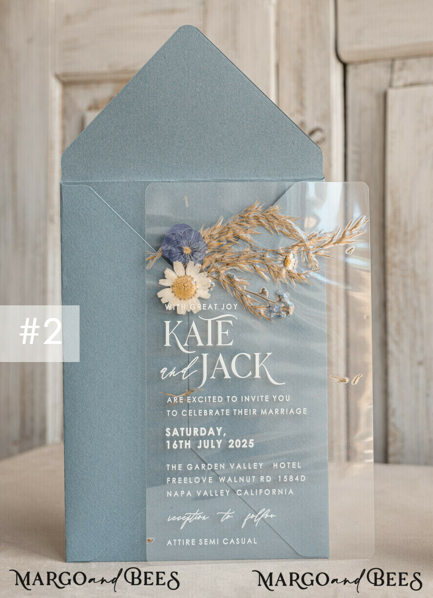 WEDDING INVITATIONS plexi acrylic mirror Dusty Blue Clear real flowers Wedding Invitations, Elegant Garden pampass gras Wedding Cards, Velvet transparent Wedding Invites, Wedding Invitation Suite