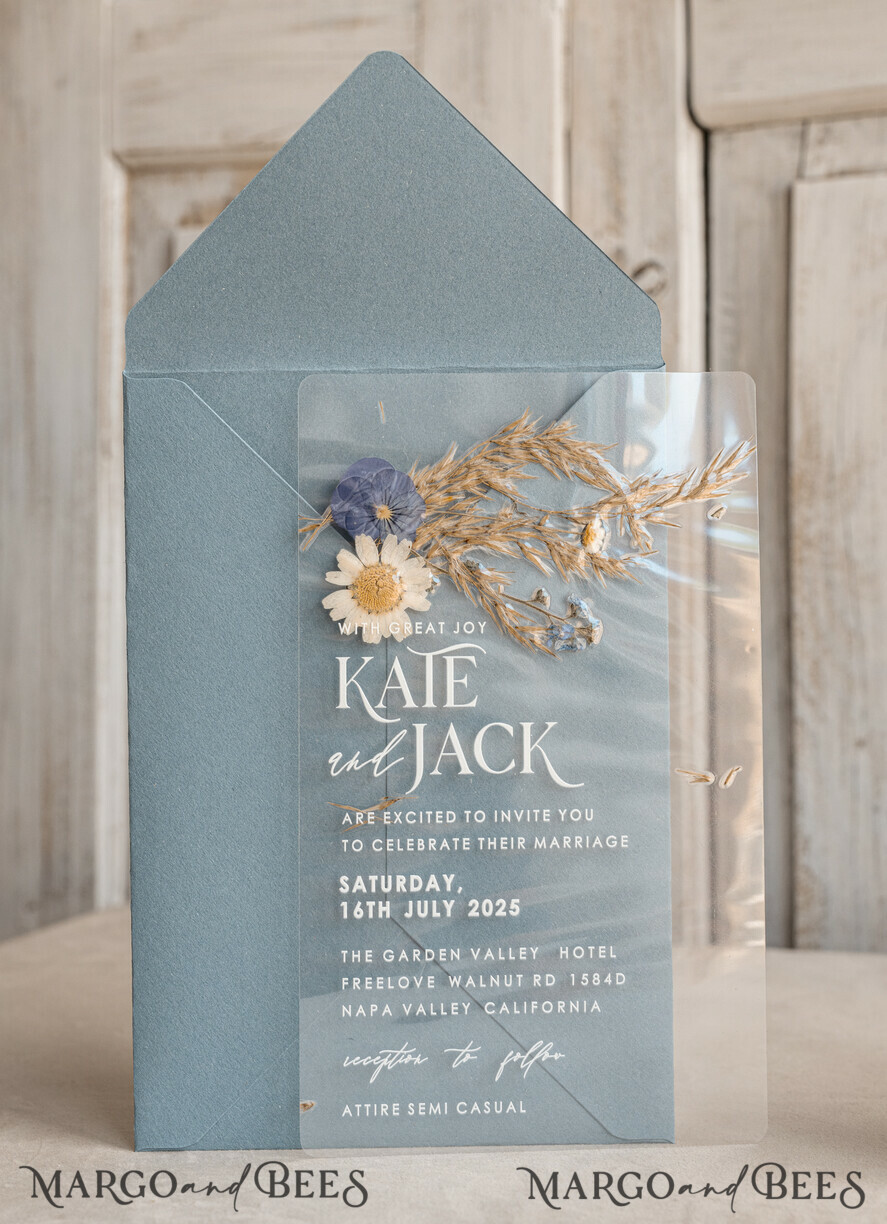 WEDDING INVITATIONS plexi acrylic mirror Dusty Blue Clear real flowers Wedding Invitations, Elegant Garden pampass gras Wedding Cards, Velvet transparent Wedding Invites, Wedding Invitation Suite