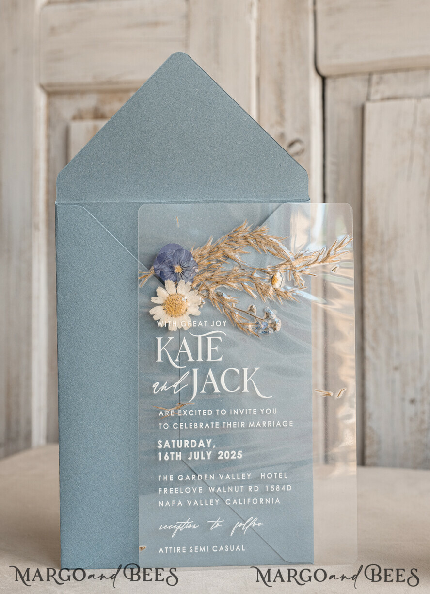 WEDDING INVITATIONS plexi acrylic mirror Dusty Blue Clear real flowers Wedding Invitations, Elegant Garden pampass gras Wedding Cards, Velvet transparent Wedding Invites, Wedding Invitation Suite