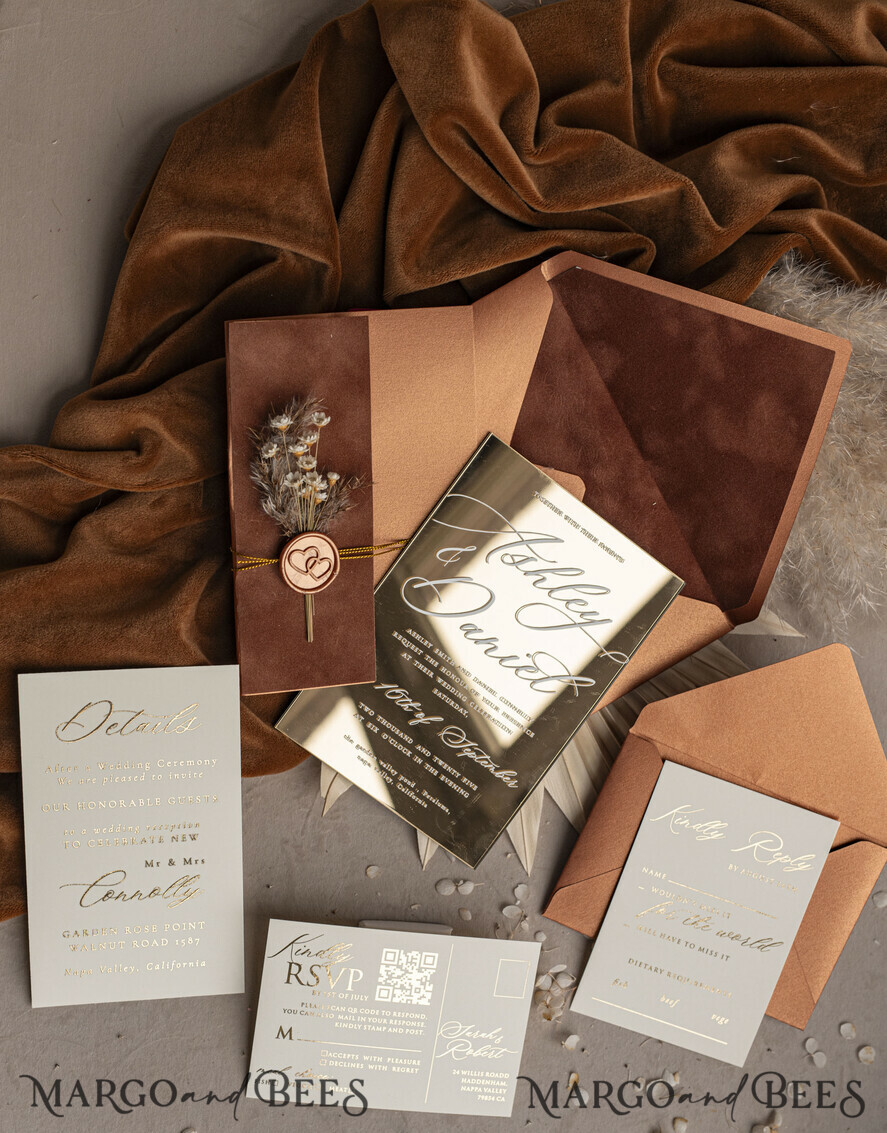 WEDDING INVITATIONS plexi acrylic mirror Fall Mirror gold Wedding Invitations, Elegant Terracotta Wedding Cards, Burnt orange Acrylic Wedding Invites, Mirror Gold Plexi Wedding Invitation Suite