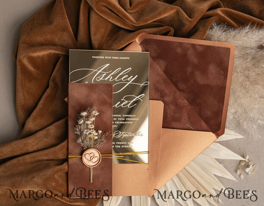 WEDDING INVITATIONS plexi acrylic mirror Fall Mirror gold Wedding Invitations, Elegant Terracotta Wedding Cards, Burnt orange Acrylic Wedding Invites, Mirror Gold Plexi Wedding Invitation Suite