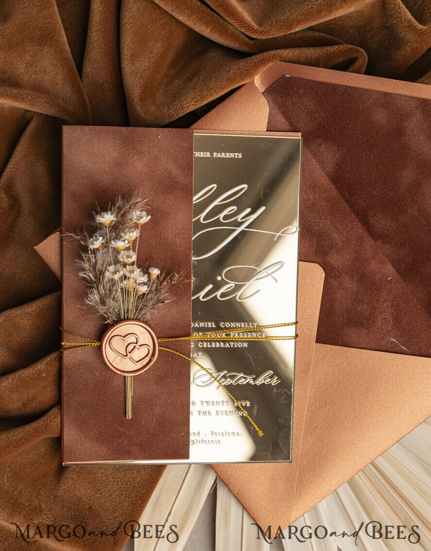 WEDDING INVITATIONS plexi acrylic mirror Fall Mirror gold Wedding Invitations, Elegant Terracotta Wedding Cards, Burnt orange Acrylic Wedding Invites, Mirror Gold Plexi Wedding Invitation Suite
