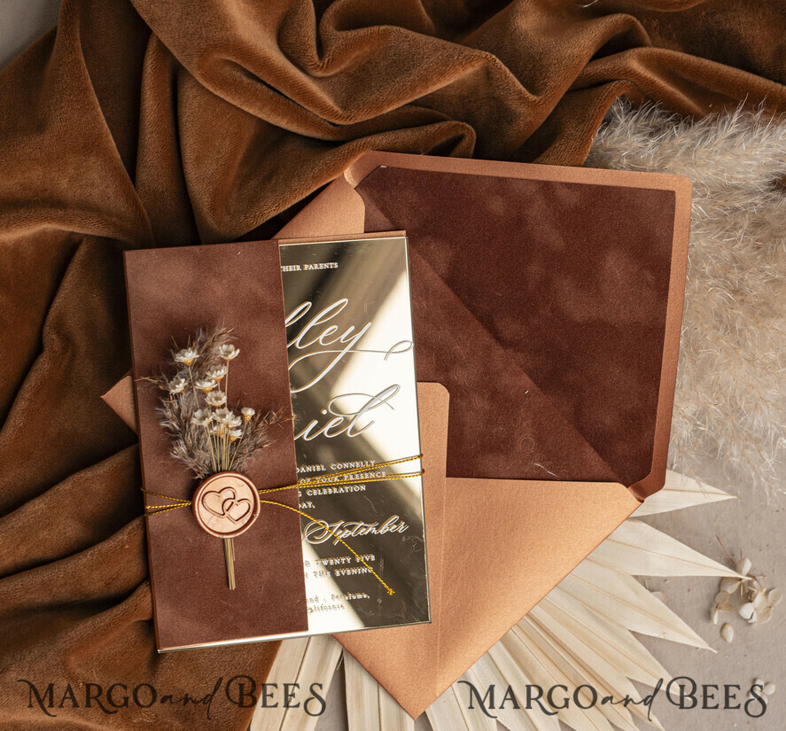 WEDDING INVITATIONS plexi acrylic mirror Fall Mirror gold Wedding Invitations, Elegant Terracotta Wedding Cards, Burnt orange Acrylic Wedding Invites, Mirror Gold Plexi Wedding Invitation Suite