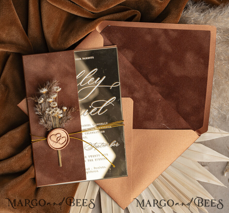 WEDDING INVITATIONS plexi acrylic mirror Fall Mirror gold Wedding Invitations, Elegant Terracotta Wedding Cards, Burnt orange Acrylic Wedding Invites, Mirror Gold Plexi Wedding Invitation Suite