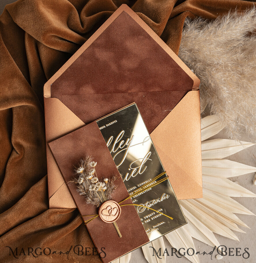 WEDDING INVITATIONS plexi acrylic mirror Fall Mirror gold Wedding Invitations, Elegant Terracotta Wedding Cards, Burnt orange Acrylic Wedding Invites, Mirror Gold Plexi Wedding Invitation Suite