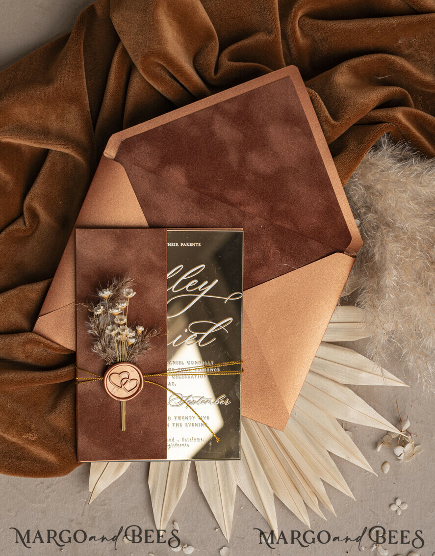 WEDDING INVITATIONS plexi acrylic mirror Fall Mirror gold Wedding Invitations, Elegant Terracotta Wedding Cards, Burnt orange Acrylic Wedding Invites, Mirror Gold Plexi Wedding Invitation Suite