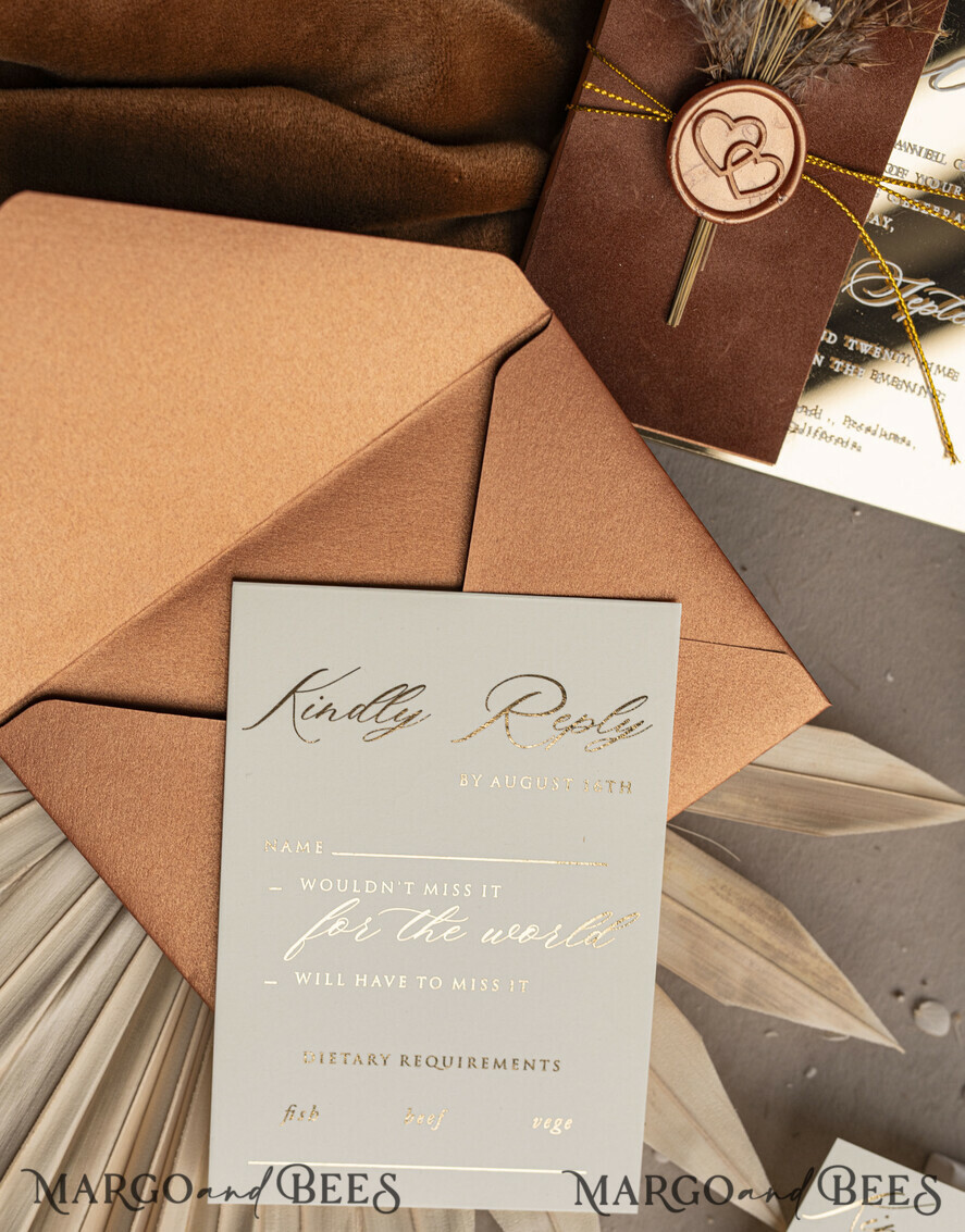 WEDDING INVITATIONS plexi acrylic mirror Fall Mirror gold Wedding Invitations, Elegant Terracotta Wedding Cards, Burnt orange Acrylic Wedding Invites, Mirror Gold Plexi Wedding Invitation Suite
