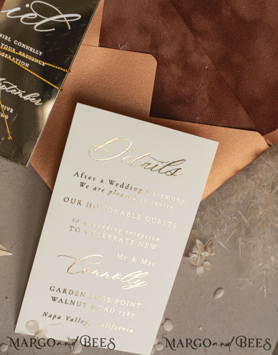 WEDDING INVITATIONS plexi acrylic mirror Fall Mirror gold Wedding Invitations, Elegant Terracotta Wedding Cards, Burnt orange Acrylic Wedding Invites, Mirror Gold Plexi Wedding Invitation Suite